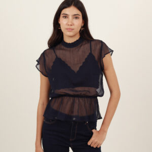 Blusa cuello alto ruche manga corta con ajuste en cintura